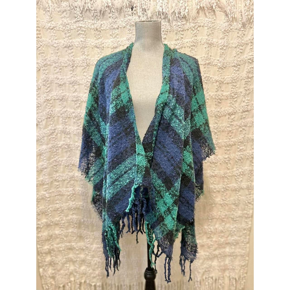 Artisan Handmade knitted plaid poncho shawl fringe green black thick wrap
